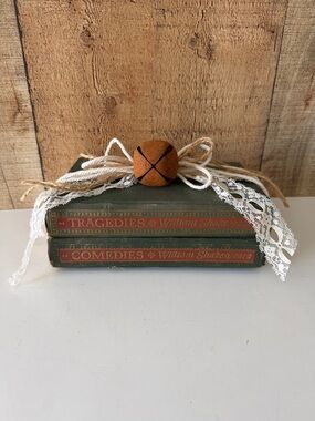 Vintage Green William Shakespeare Book Stack with Lace and Rustic Bell Accent